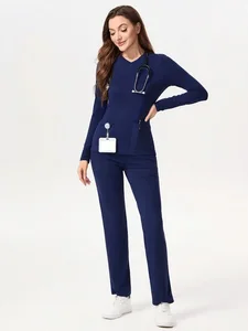 Wholesale Knitted Medical Scrubs Top Leggings for Women Long Sleeve Hospital Use Spandex/Polyester Material Spring Autumn Scrubs