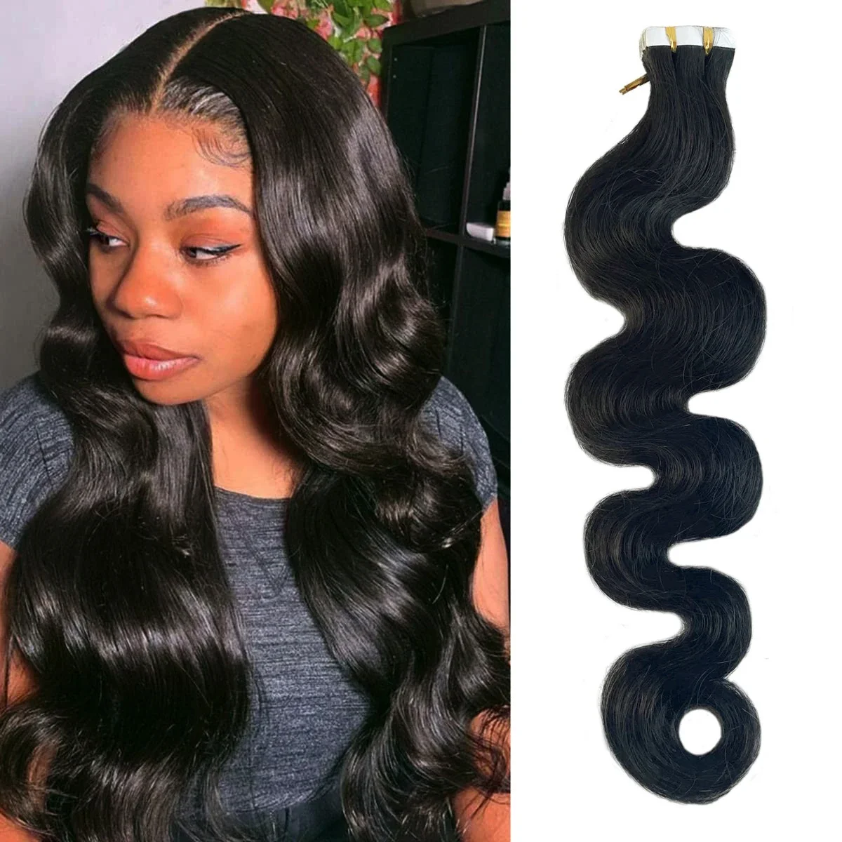 Nastro adesivo Body Wave in extension per capelli umani, colore naturale, trama Remy, adesivo di alta qualità, n. 1B per salone_voghion.com