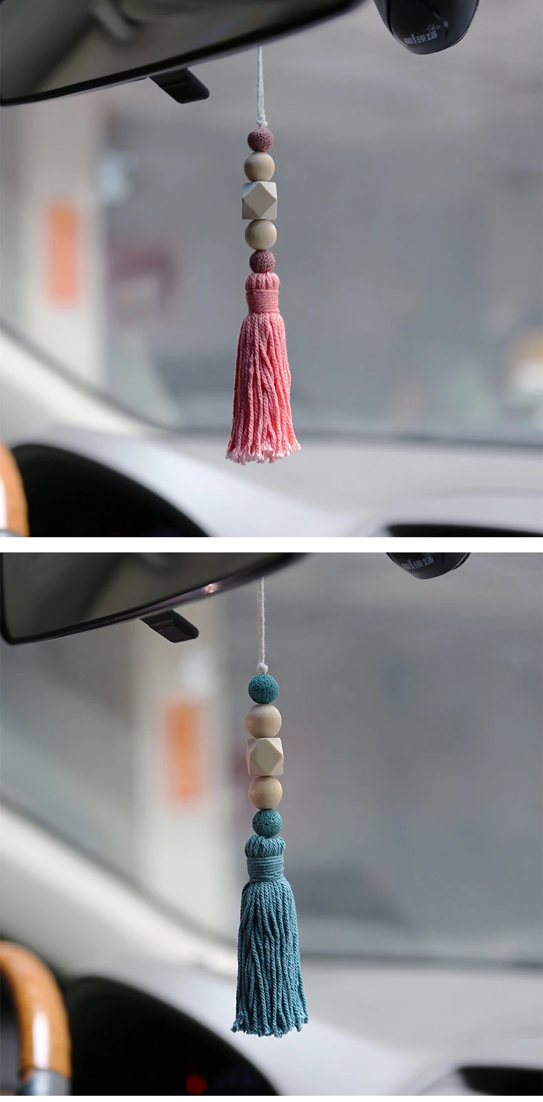 Wood Bead Tassel Car Mirror Accessory Lava Stone Essential Oil Diffuser