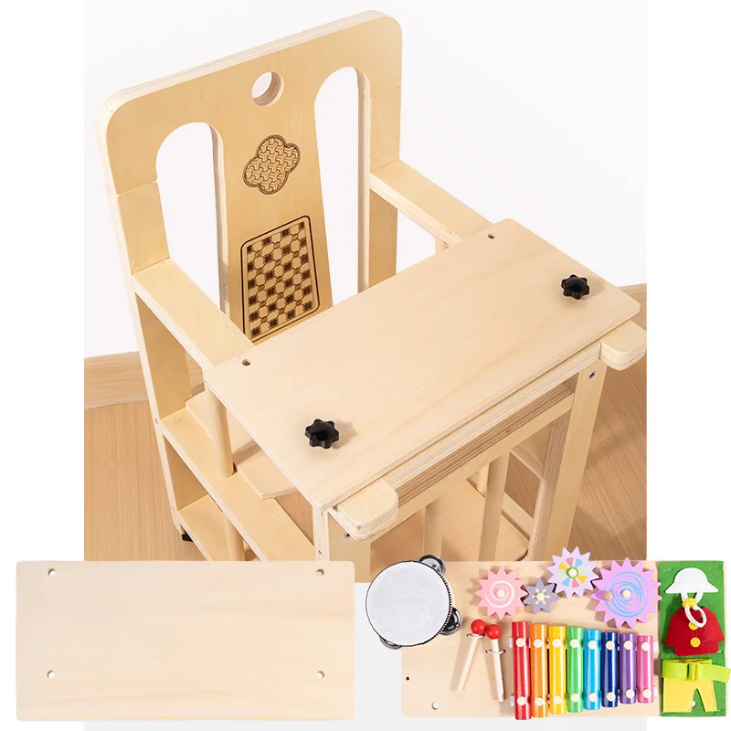 Multifunktions-Wachstumsstuhl für Kinder Montessori-Frühförderung Interaktives Holzspielzeug mit Klopf-Xylophon, Zahnrädern, Knöpfen und Trommel