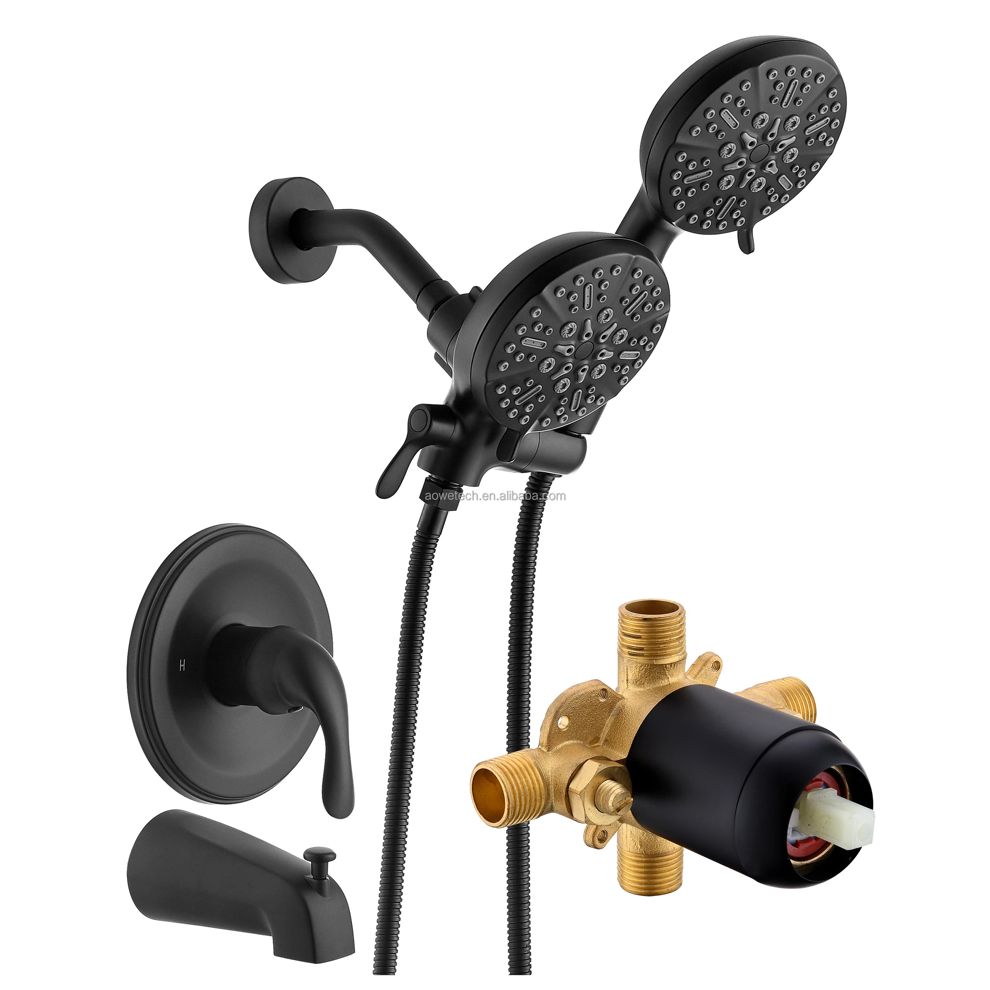 AOWE Brass Thermostatic Bathtub Shower Set-Wall Mount Dual Head Rainfall System Precise Temperature Control Single Handle Modern