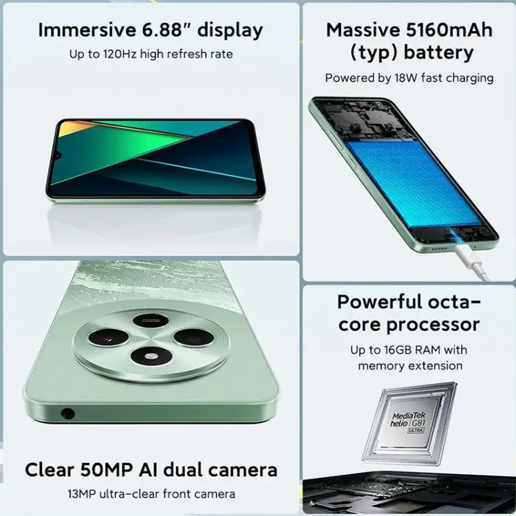 POCO C75全球版8gb + 256gb，侧指纹6.88英寸G81-Ultra八核蜂窝Mi手机