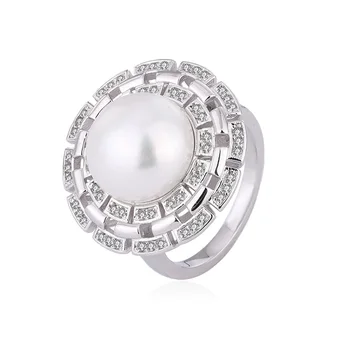 Custom classic modern engagement wedding women sterling silver big freshwater pearl wedding ring