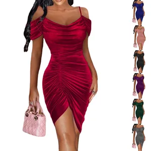 New Design Ruched Spaghetti Straps Tight Bodycon Asymmetrical Velvet Sex Dress for Women