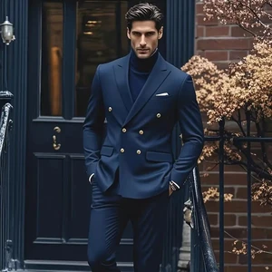 Luxury Men's Double Breasted 2-Piece Business Suit Premium Breathable Zipper Fly Stylish Slim Fit Body Printed