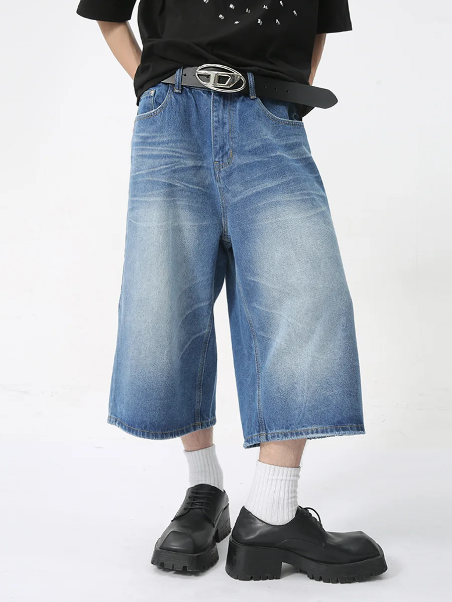 Pantaloni estivi dritti larghi da uomo, retrò, verdi, a gamba larga, drappeggiati, pantaloncini in denim corti, jeans larghi da uomo_voghion.com