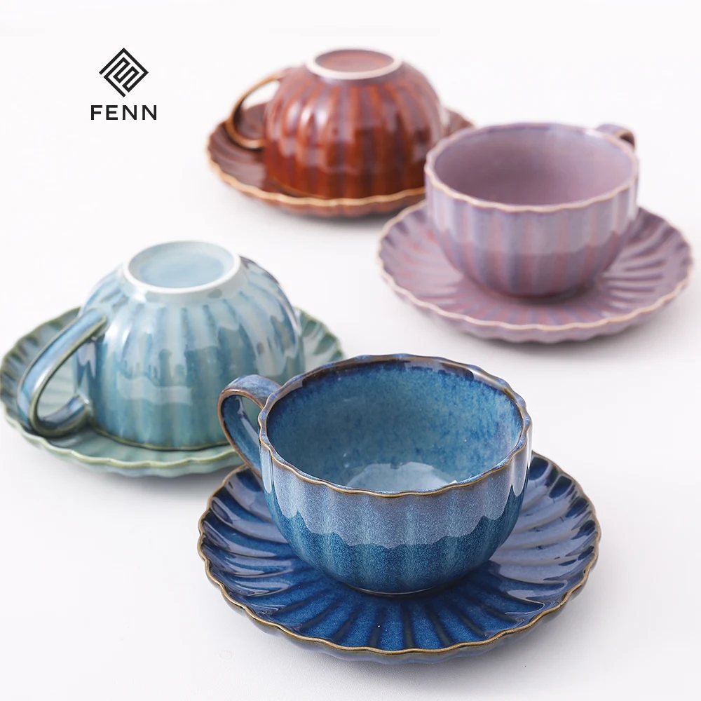 FENN top popular retro ceramic 250ml fambe begonia wholesale vintage tea coffee cup and saucer gift set custom