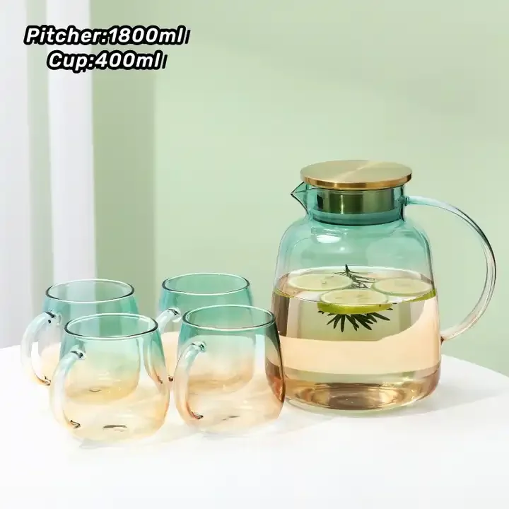 Pitcher Sets Glass Set 6 Pcs Drinking Cup Water White Box Grey Large Capacity Metallic Glass with Metal CLASSIC Glass Jug
