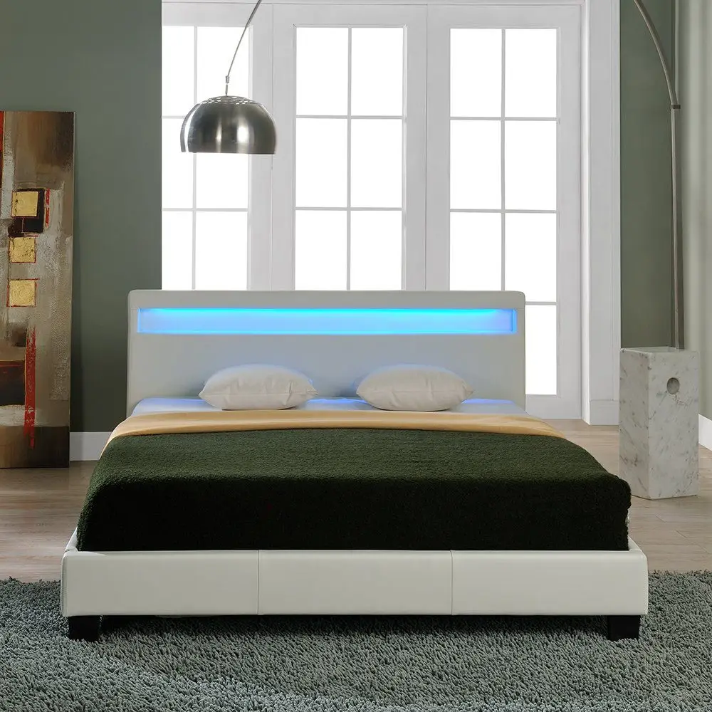 Customized Modern Design LED Light 5 Color King Bed Frame Infrared Red Full Size White Pu Leather Soft Led Bed