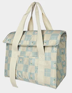 Corduroy Insulated Lunch Bag with Floral Checkered Pattern, Reusable Thermal Tote Bag for Picnic/Work/School
