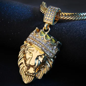 Hips Hops Fashion Jewelry 18K Gold Plated Lion King Crown Pendant Necklace Cubic Zircon Crown Pendant Necklace For Men