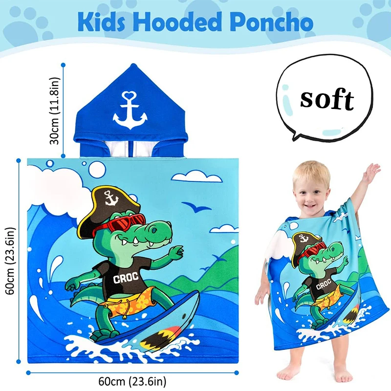 Customized Portable Kids Poncho Surf Hood Dry Changing Robes Printed Cartoon Sublimation Digital Print Towel Poncho Pocket