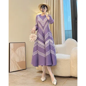 Miyake Pleated Polo Dot Chiffon Casual Floor-Length Dress 2026 Autumn New Mother's Niche Design Loose Slimming Purple