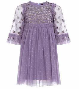 Girls Kids Delicate Long Sleeve Evening Dress Children's Purple Tulle Sequined Princess Skirt