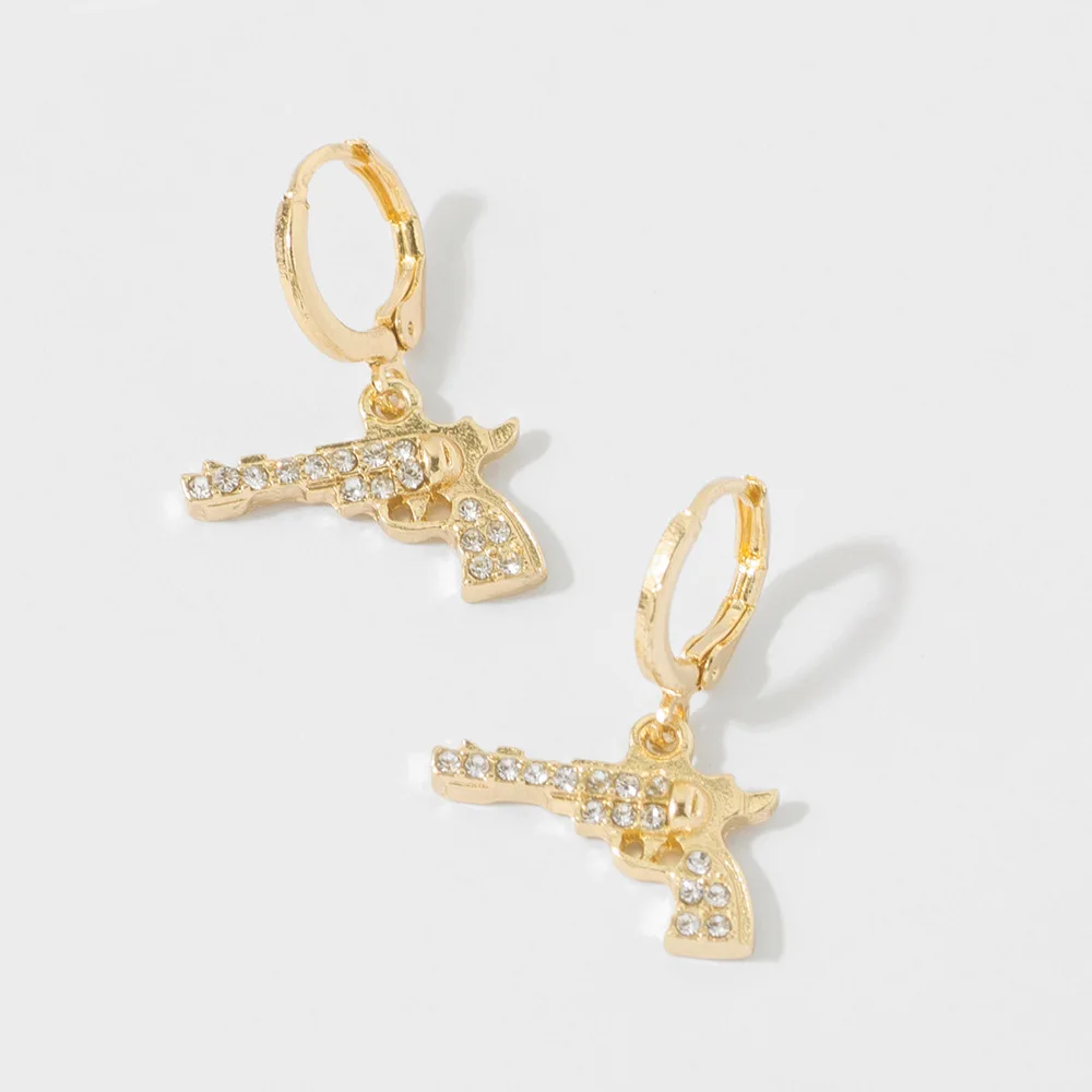New Trendy Revolver Gun Shape Rhinestone Dangle Earrings for Women Girl Drop Earrings Cute Small Object Earring Fashion Jewelry