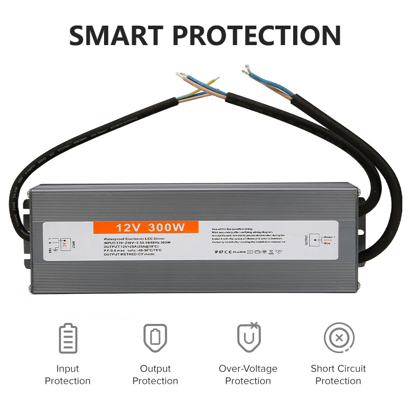 InShareplus 12V 300W Waterproof LED Power Supply | IP67 Transformer For Outdoor LED Lights (AC 110-260V To DC 12V)