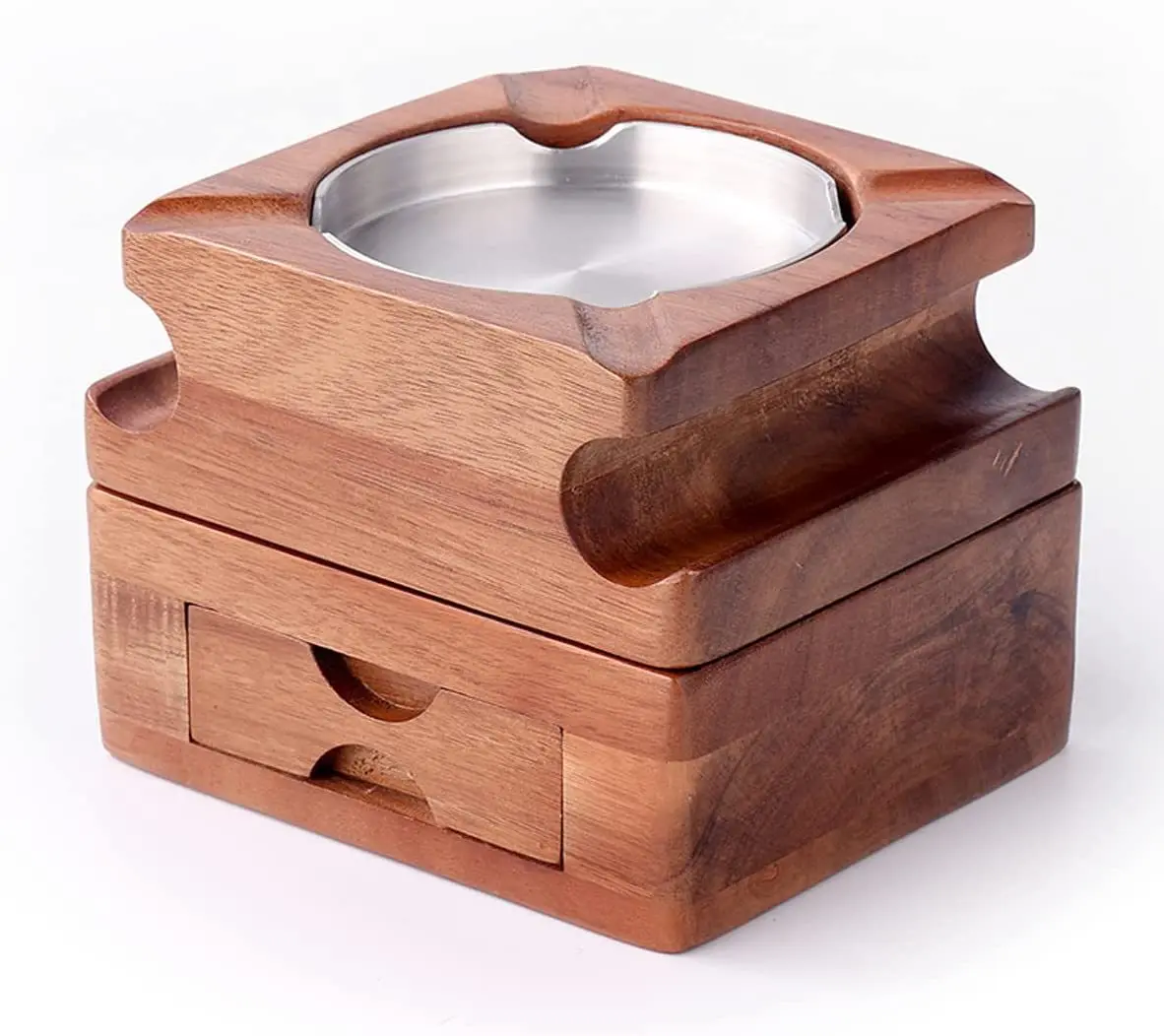 Wooden Cigar Ashtray With Whiskey Glass Tray Luxury Stainless Steel Inner Cigar Holder Ashtray 9337