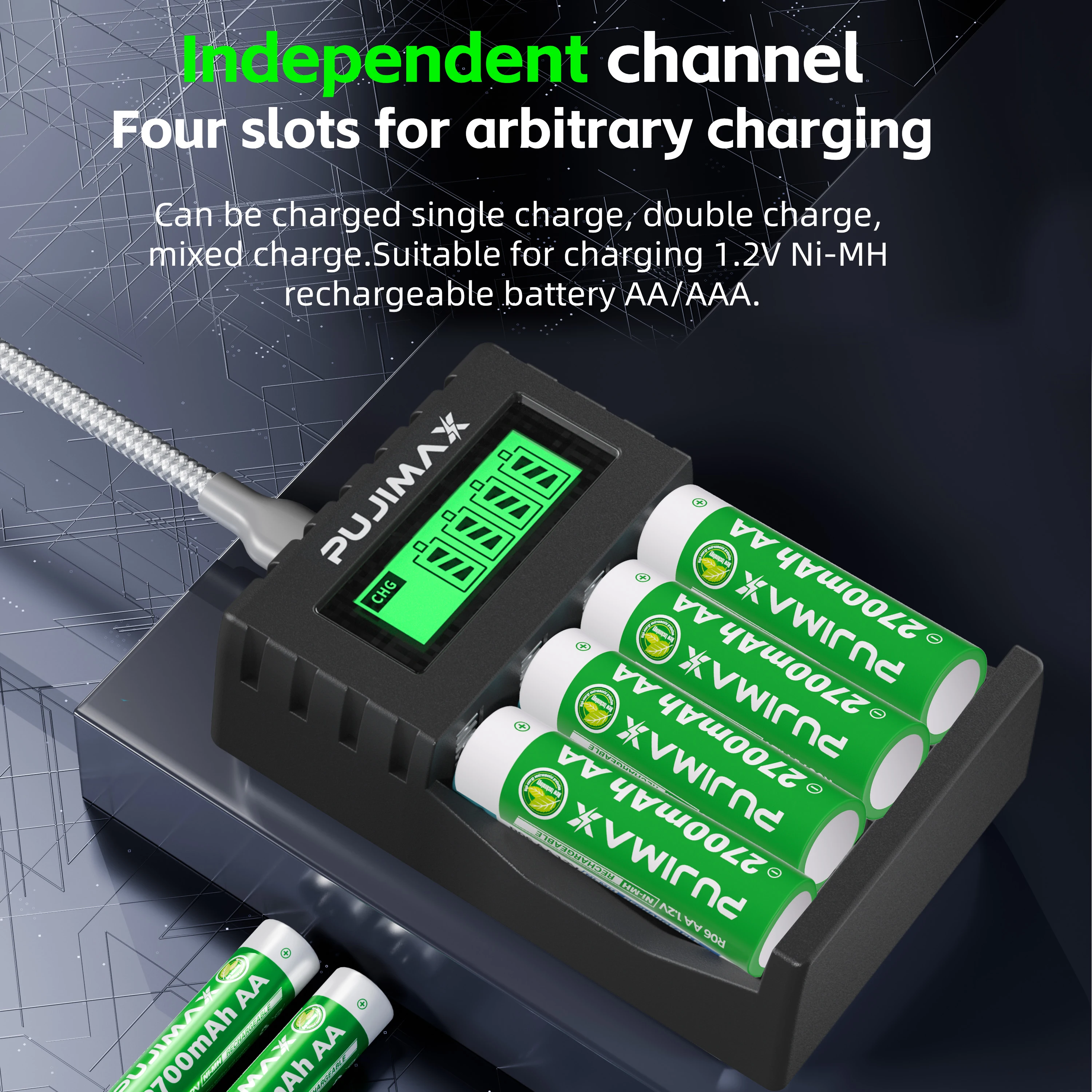 PUJIMAX 4スロットaaaaa充電式バッテリー充電器、LCDスマート