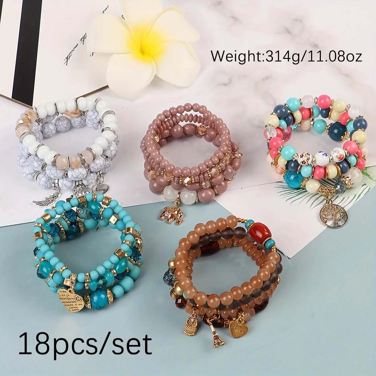 18pcs/set Fashion Designer Colorful Boho Jewelry Women Wholesale Glass  Beads Stack Bracelet Sets With Pendant