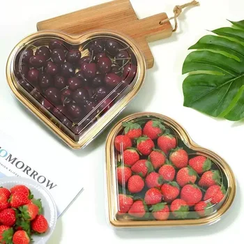 Wholesale Gold Plastic Fruit Box Heart-Shaped PET Container for Strawberries Dessert Chocolate Storage Cake Food
