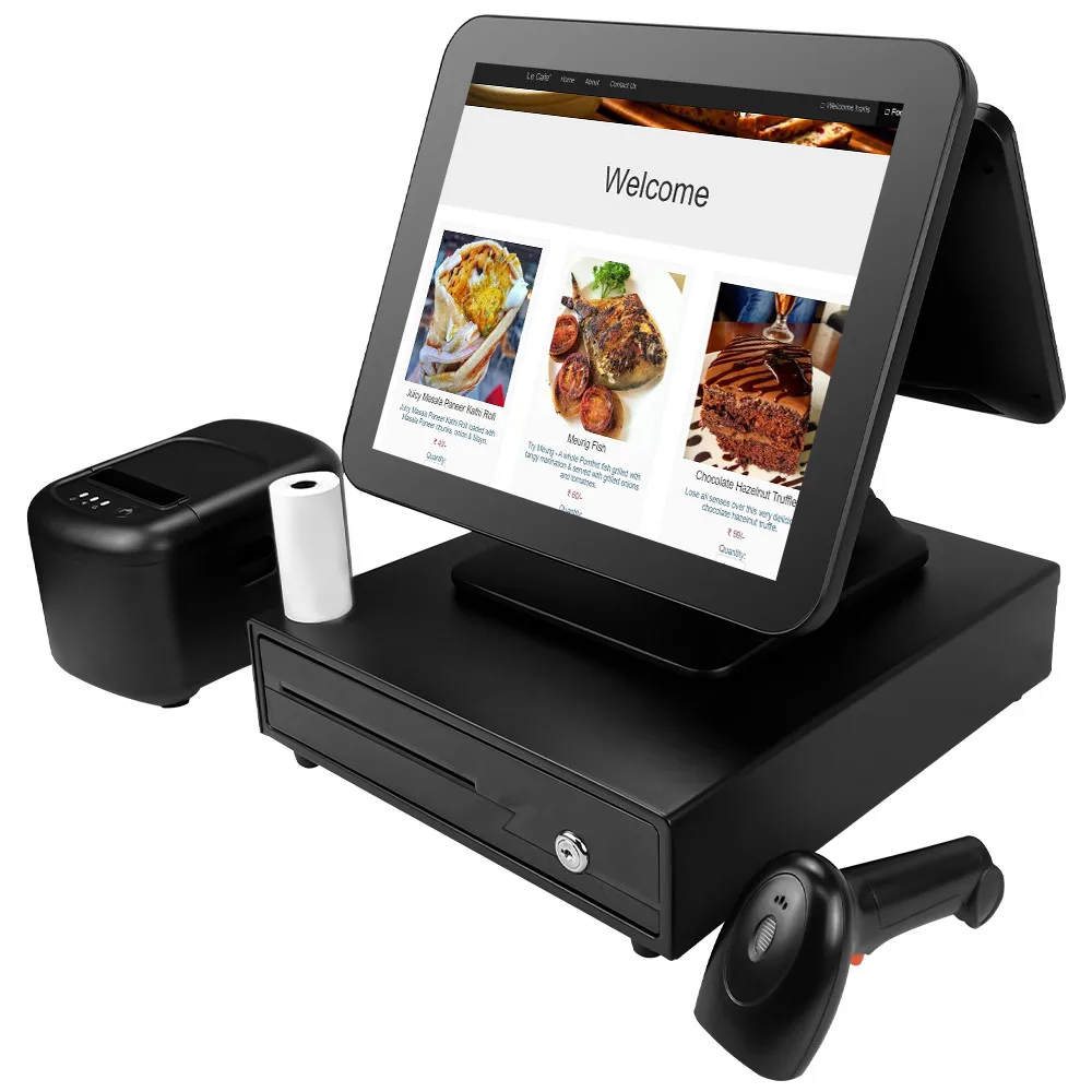 2025 新款可折叠 DIY 15 英寸 + 10.1 英寸客户显示屏或 VFD 双屏 POS 系统收银机一体式 Windows POS 机器