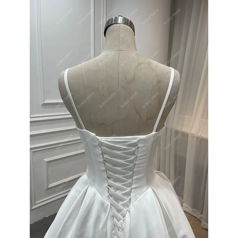 Manufactory Fashionable Basque Waist Satin Wedding Gown Elegant Bridal  Simple Floor Length Boat Neckline Lace up Wedding Dresses