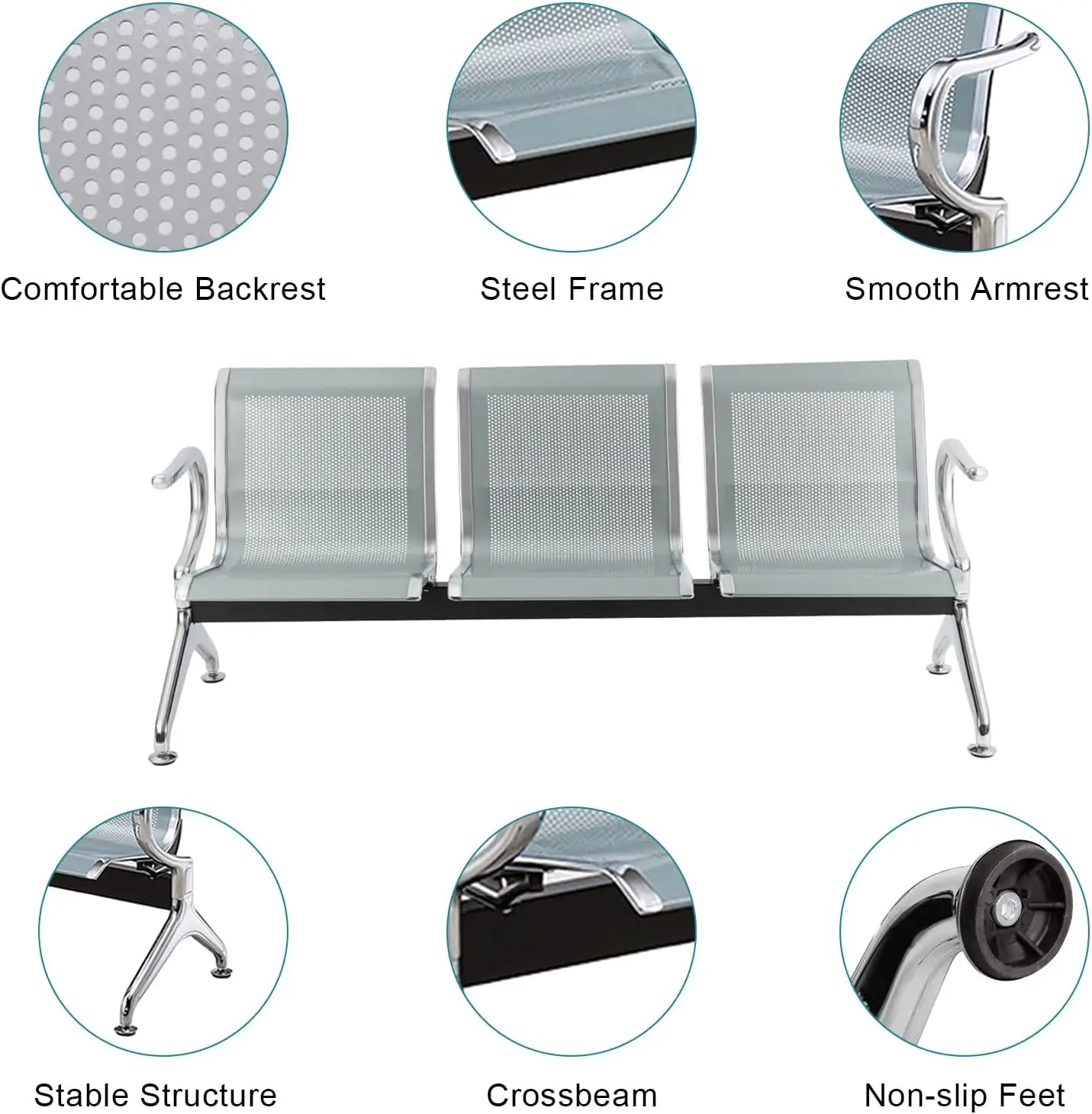 Customized High Quality Modern Design 3-Seater Stainless Steel School Clinic Dental Office Waiting Chair for Gym Hospital Public 3