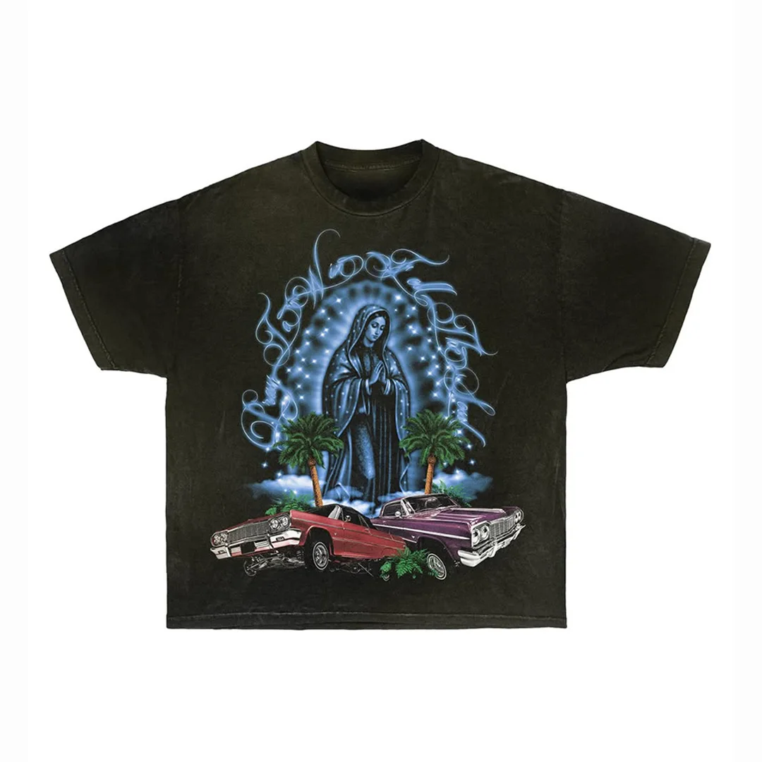 Beperkte mans DTG-direkte-druk-T-shirt, versleten oue-look-gewas, 3D-reliefdruk, swaar klinknagelontwerp, pasop ontwerp beskikbaar