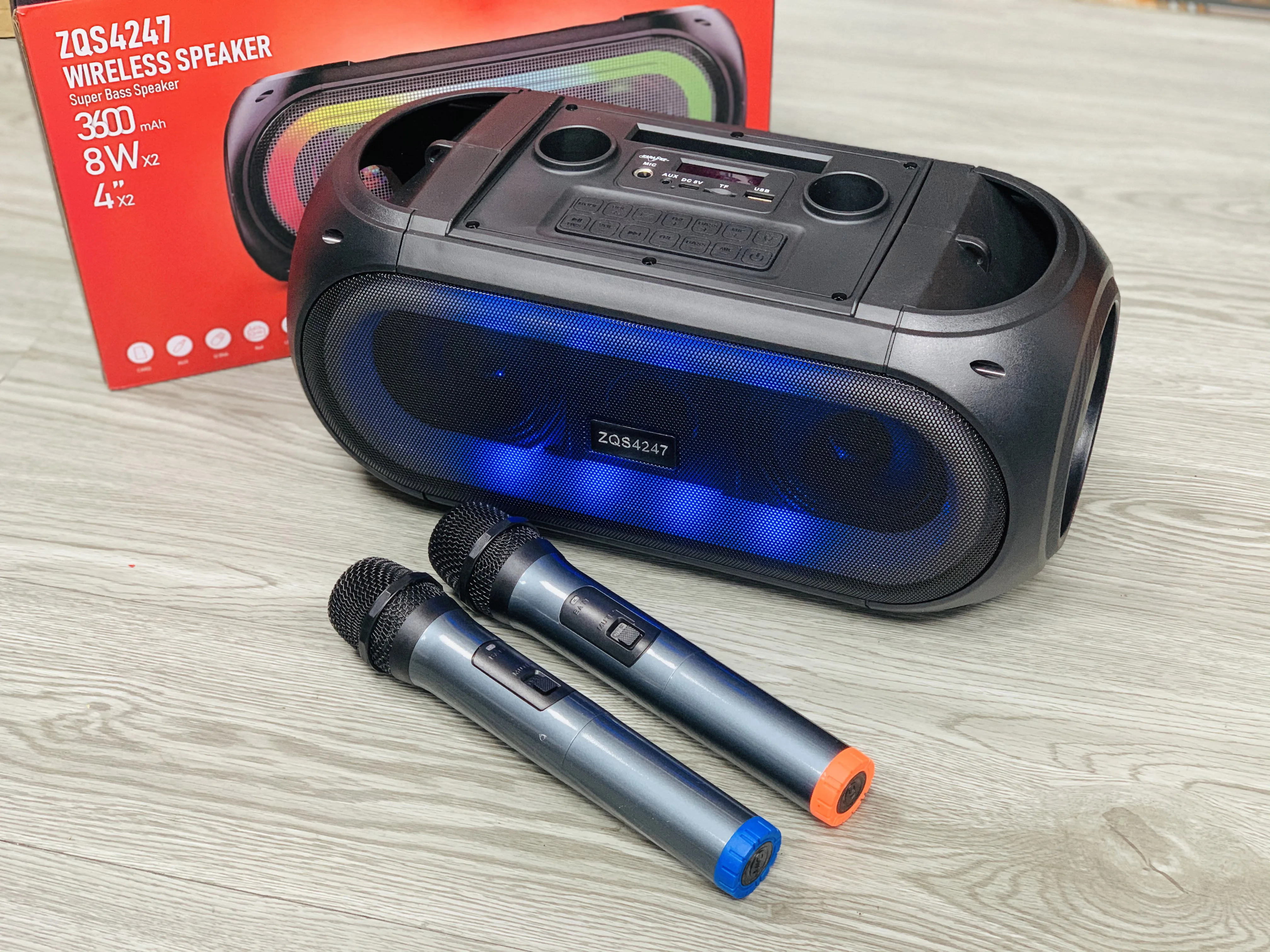 スマホ対応スピーカー 2PCSワイヤレスマイク付きダブル4インチスピーカーZQS-4227