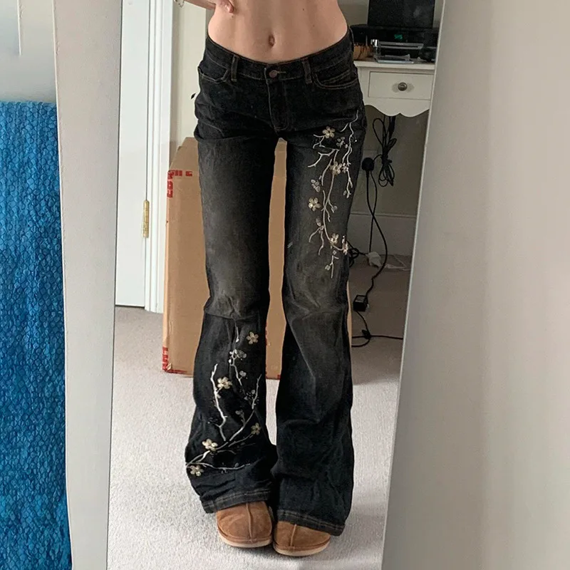 Denim Women High Street Hot Girl Skinny Boot Cut Dark Wash Low Waist Long Plant Embroidery Pants