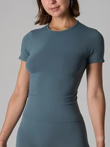 Custom Logo Women Short Sleeve Compression Comfortable Lightweight Yoga T Shirt Fitness Slim Tops With Panties Sets