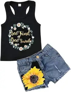 Customized Logo Girls Summer Sunflower Printing Vest Denim Shorts Set for Kids 2-14 Years