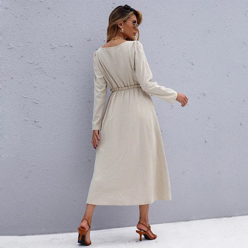 2023 Long Sleeve V-neck Ruffled Women Elegant Solid Dresses Lady Maxi ...
