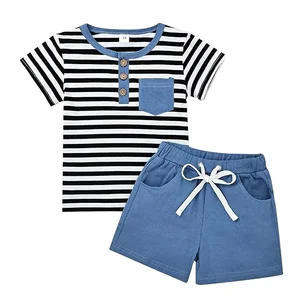 OEM ODM Customizable Boy's Summer O-Neck Strip Printing T'shirt Top Shorts 2 PCS Kids Clothing Set