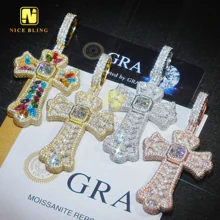 2025 Mixed Cutting Big Size Color Moissanite Cross Pendant Real Gold Plated Luxury Style Fine Quality Religious Jewelry