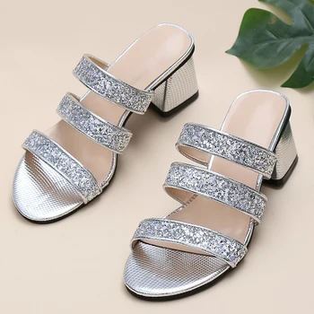 2024 Minimalist style niche round toe rhinestone thick heeled sandals
