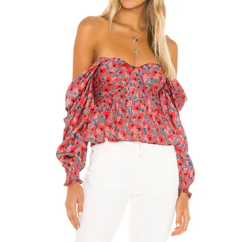 Bulk wholesale women high quality tops off shoulder backless floral print red women tops