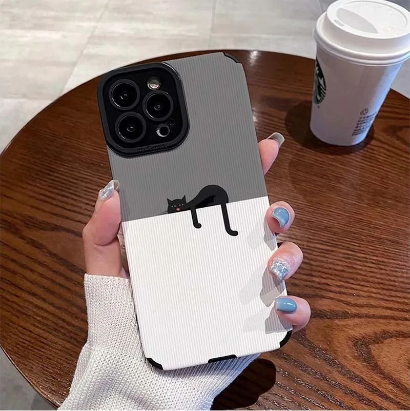 Lazy Black Cat Printing Soft TPU Artificial Leather Mobile Phone Cover Case For Iphone 6 7 8 X Xr Xs 11 12 13 14 15 16 Pro Max