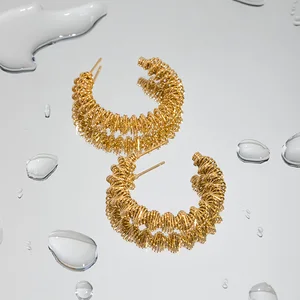 Women's 18K PVD Gold Plated Stainless Steel Grass CC Earrings Big Screw Twisted Drop Earrings with Dainty Ball Shape Jewelry