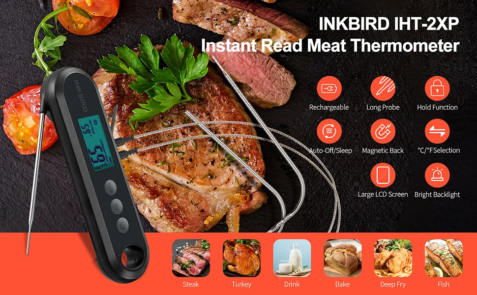 Inkbird Instant Read Meat Thermometer IHT-1P, Digital Waterproof Rechargeable Instant Read Food Thermometer, Cooking Thermometer with Calibration, Mag