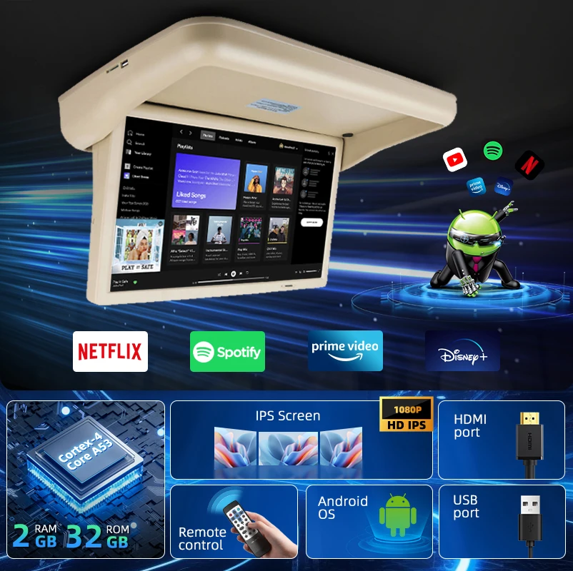 Plant 22" Motorized Flip Down Roof Monitor Android APK Software HD Ceiling Entertainment Display Bus TV Coach Vehicle Car Screen