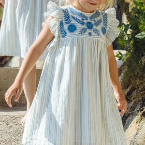 Children Summer Clothes Ruffle Sleeves Blue Stripe 100% Cotton Floral Embroidered Girls Dress