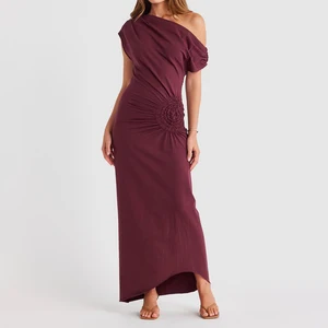 ZYHT 73979 Summer 3D Flower Waist Knot One Shoulder Midi Length Burgundy Brown Sky Blue Elegant Casual Dress