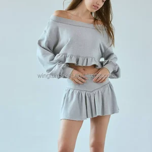 Wholesale Sexy Off Shoulder Long Sleeve Ruffle Crop Top Flared Mini Skirt Grey Two Piece Sweatsuit Women Skirt Set