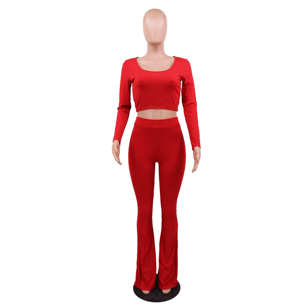 Foma CY8880 in stock 2021 solid color clothing slim top and flares bell-bottoms pants 2 two piece set for women