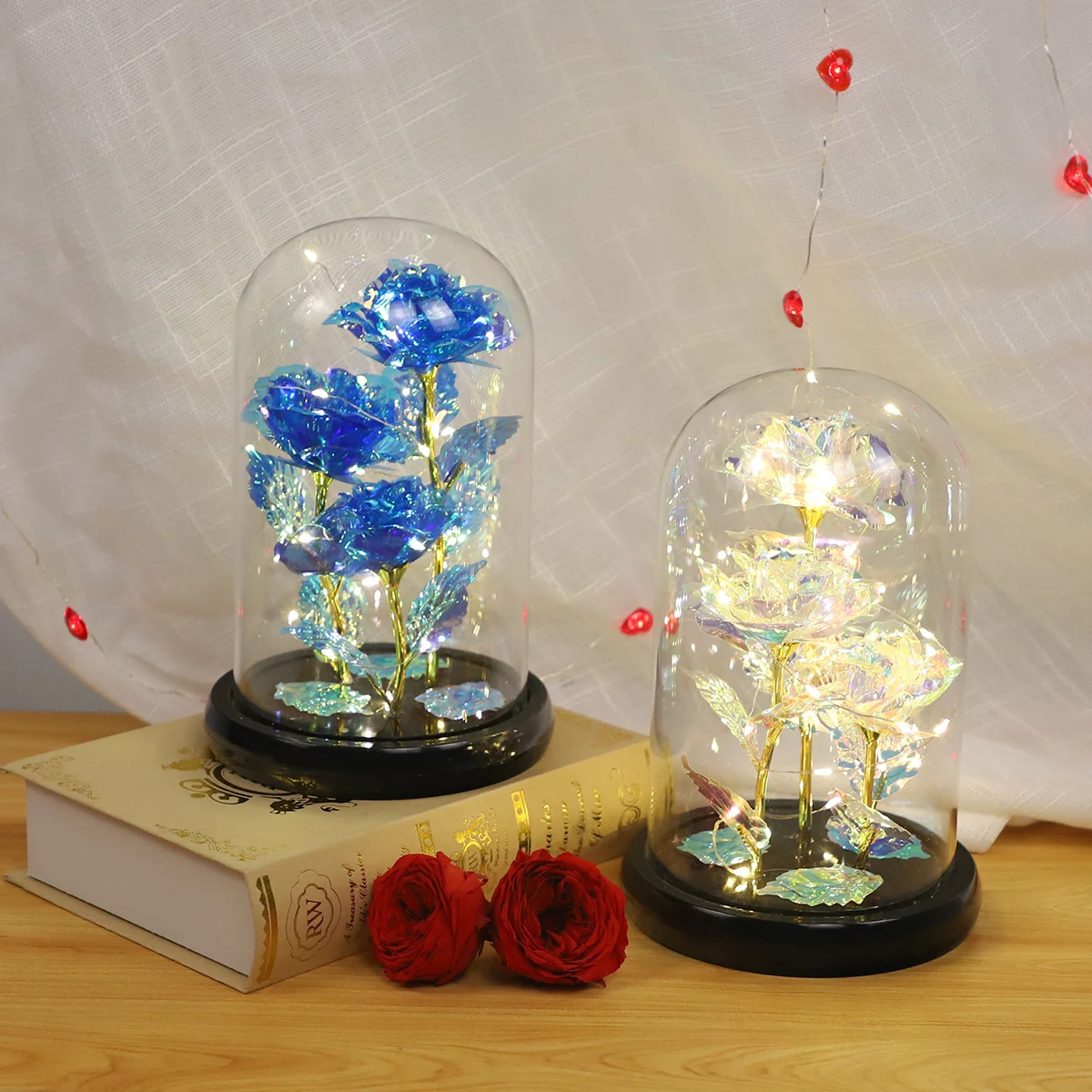 sfera di vetro con rosa per fiori con illuminazione led, regali per mamma a Natale, rosa galattica illuminata artificialmente