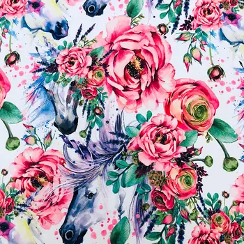 Factory wholesale custom Floral horse rose design poly knitted dty brush printing fabric for children's wear