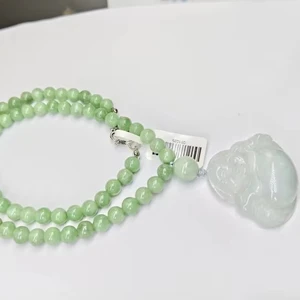 Authentic Natural Jade Bead Necklace, Smiling Maitreya Buddha Pendant, High-quality Luxury Accessory for Women