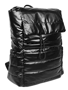 Black Puffy Polyester Backpack, Drawstring Opening, Side Pockets & Organized Interior for Daily Use