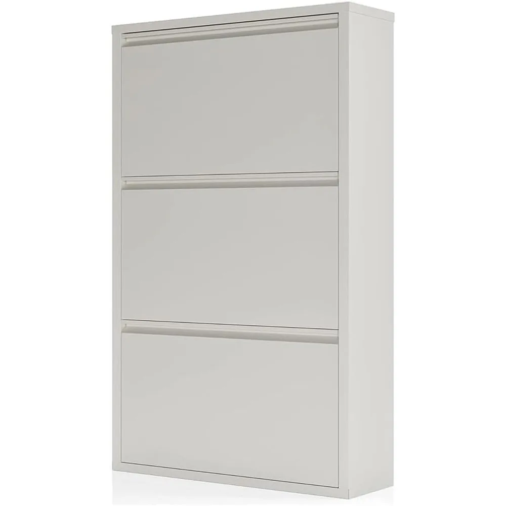 White MDF Shoe Storage Cabinet with 3 Flip Drawers Slim Narrow Hidden Metal Rack for Entryway Home Furniture